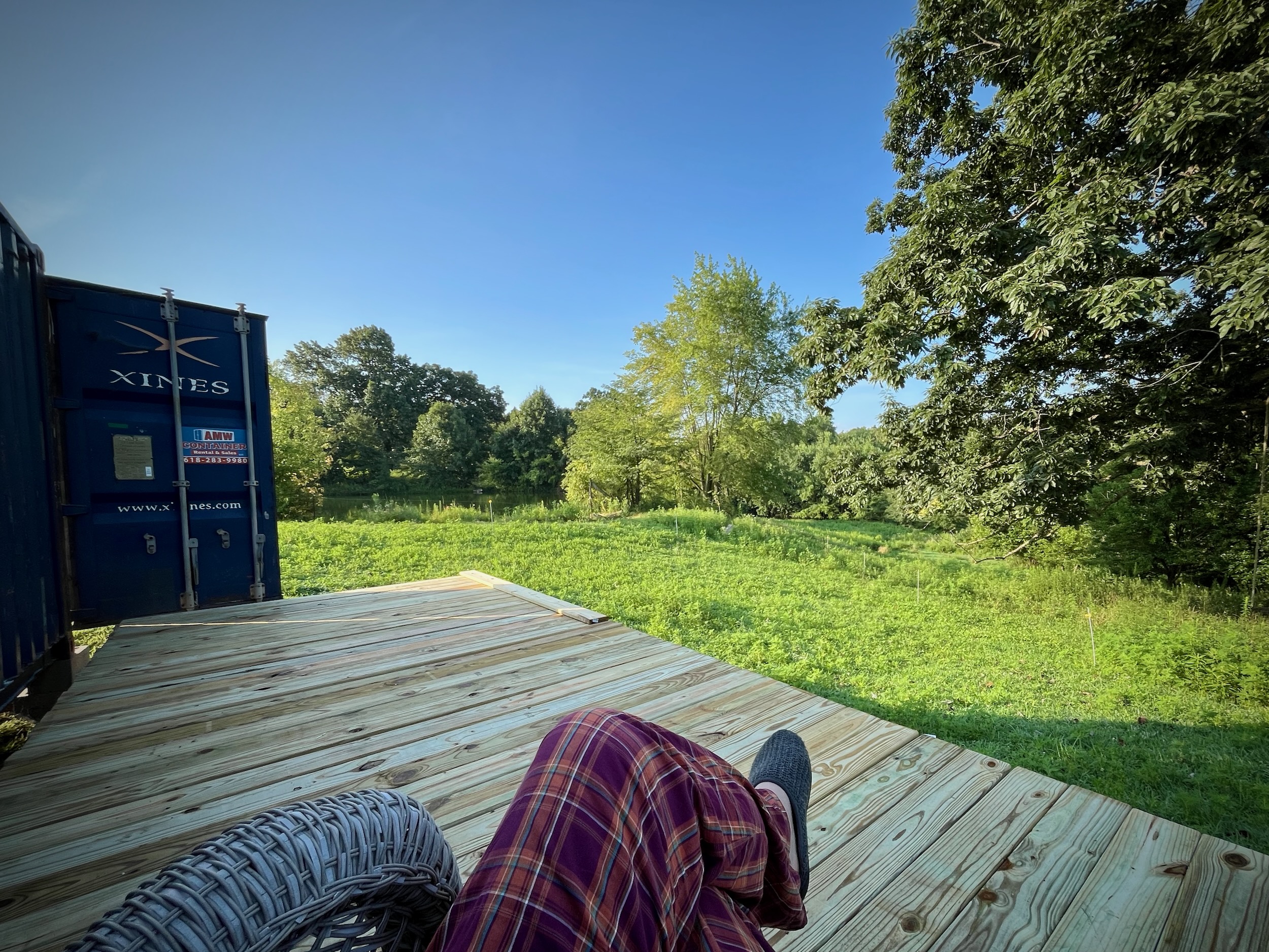 Newly built wooden deck in early light